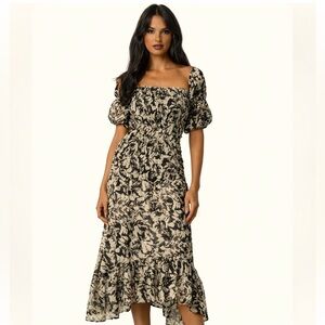 Misa Los Angeles Diya Floral Midi Dress Black & Ivory Ruffle Romantic MSRP $430